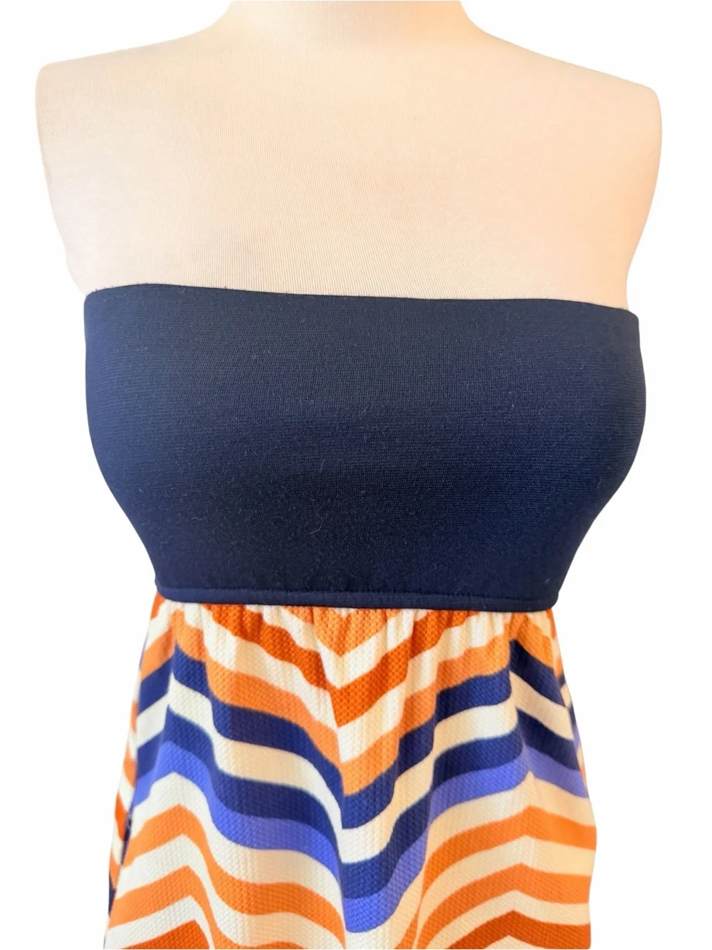 Anthropologie Judith March Navy Strapless Mini Dress Orange & White Chevron Sz S